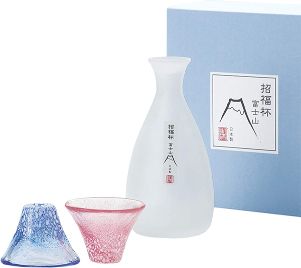 Cold Sake Set: Good Fortune Sake Bottle and Cup Mt. Fuji Alt Japansk