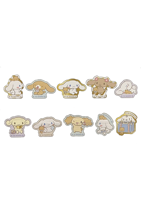 Et utvalg av de forskjellige designene fra Cinnamoroll & Friends Flake Seal-pakken.