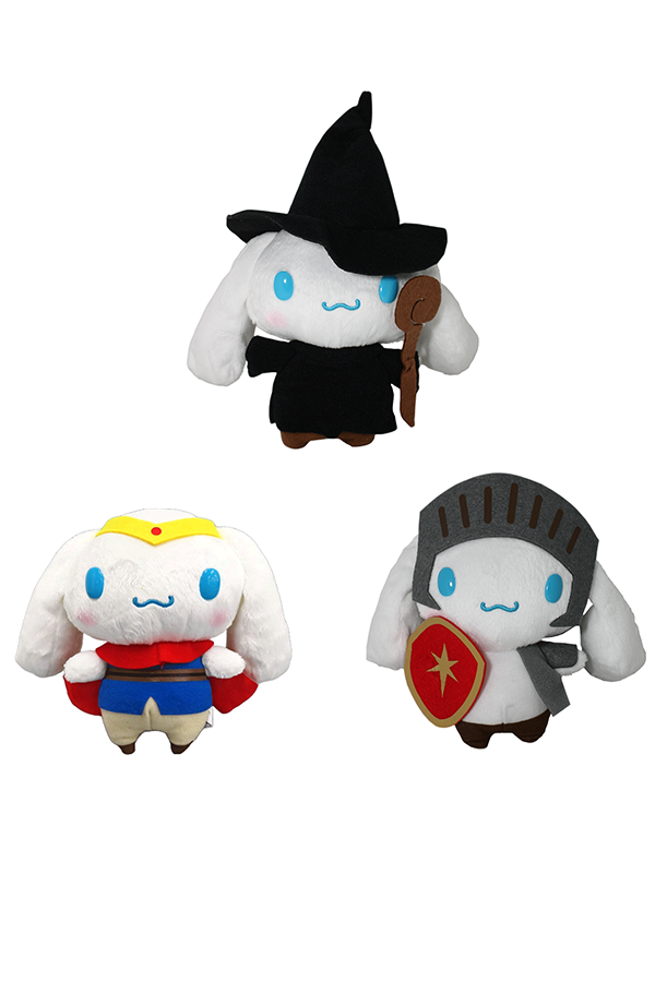Utvalg av Cinnamoroll RPG plysjbamser fra FuRyu, kledd som Helt, Ridder og Trollmann.
