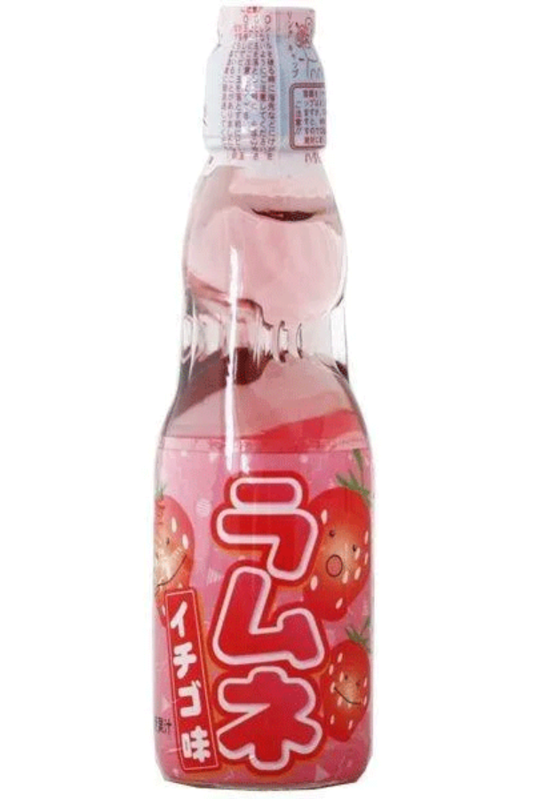 Hata Ramune Jordbær 200ml flaske, en japansk brus med søt jordbærsmak.
