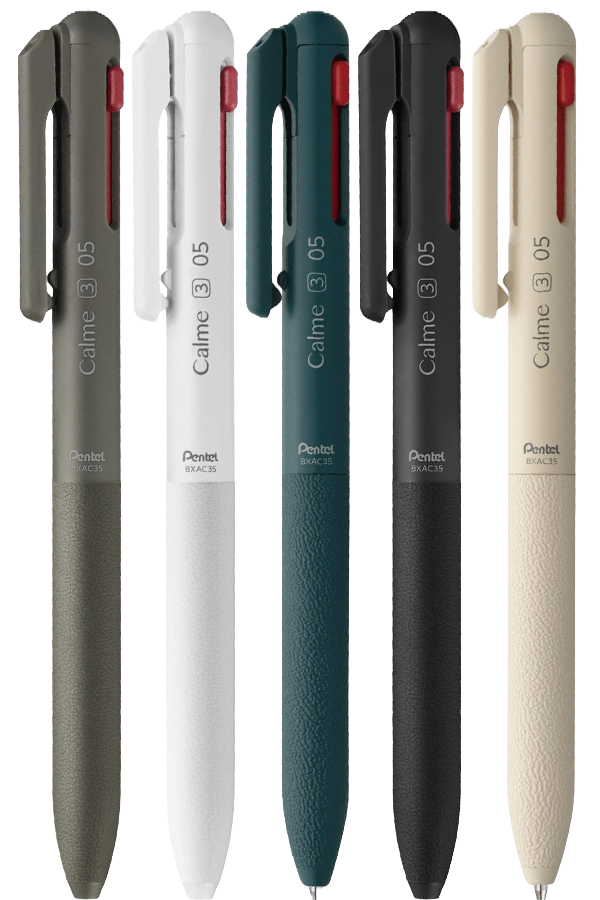 Pentel Calme 3-farge kulepenn som viser de tre fargevalgene.