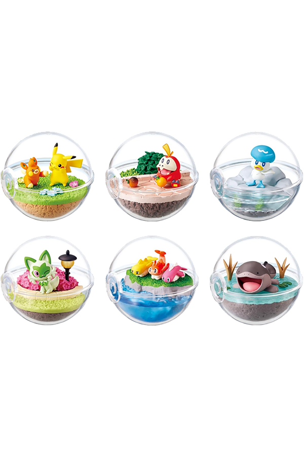 Et utvalg av de 6 ulike Pokémon terrarium-figurene fra Paldea-serien.