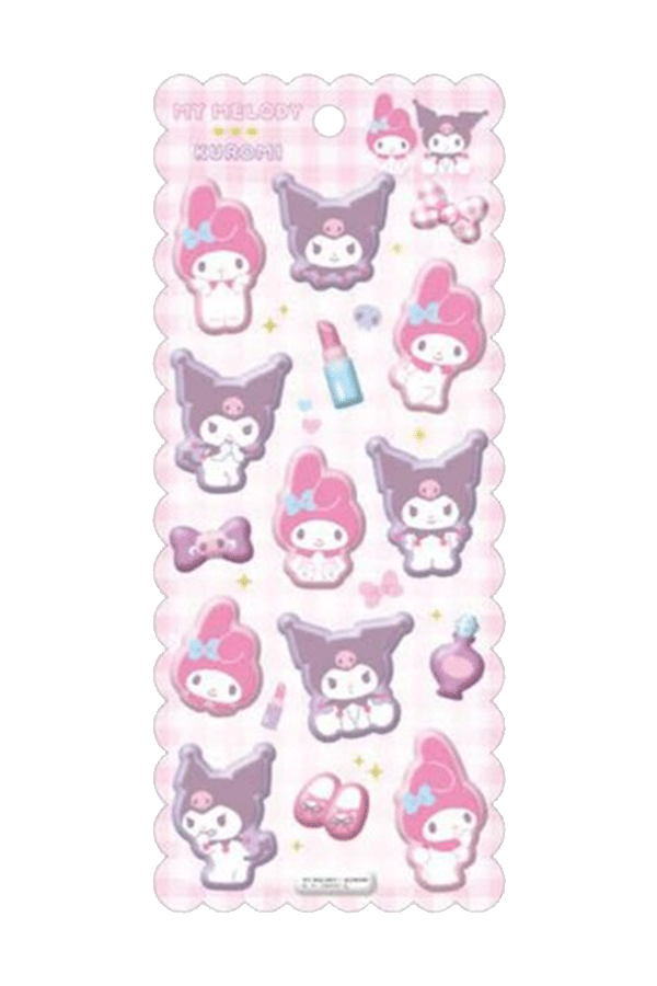 Et ark med myke Marshmallow-klistremerker med My Melody og Kuromi.