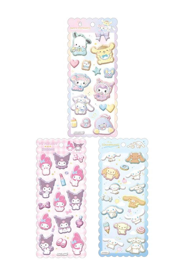 Utvalg av Sanrio Marshmallow Klistremerker med ulike temaer, som viser den puffy teksturen.
