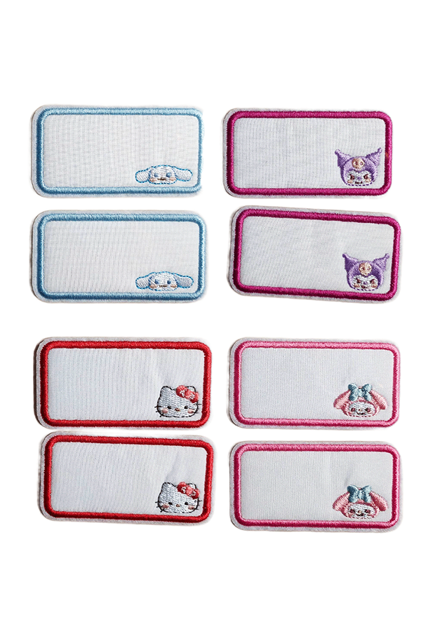 Utvalg av Sanrio navnelapper som strykemerker med ulike karakterer.