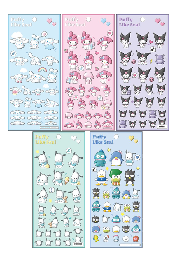 Flere ark med Sanrio "Puffy Like Seal" 3D-klistremerker.