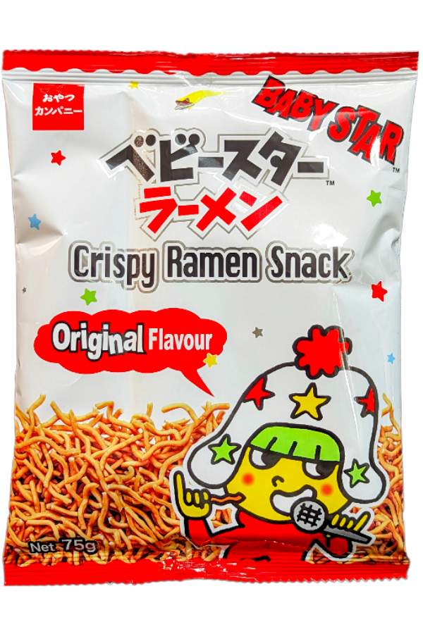 En 75g pose med Baby Star Crispy Ramen Snack Original fra Oyatsu Company.