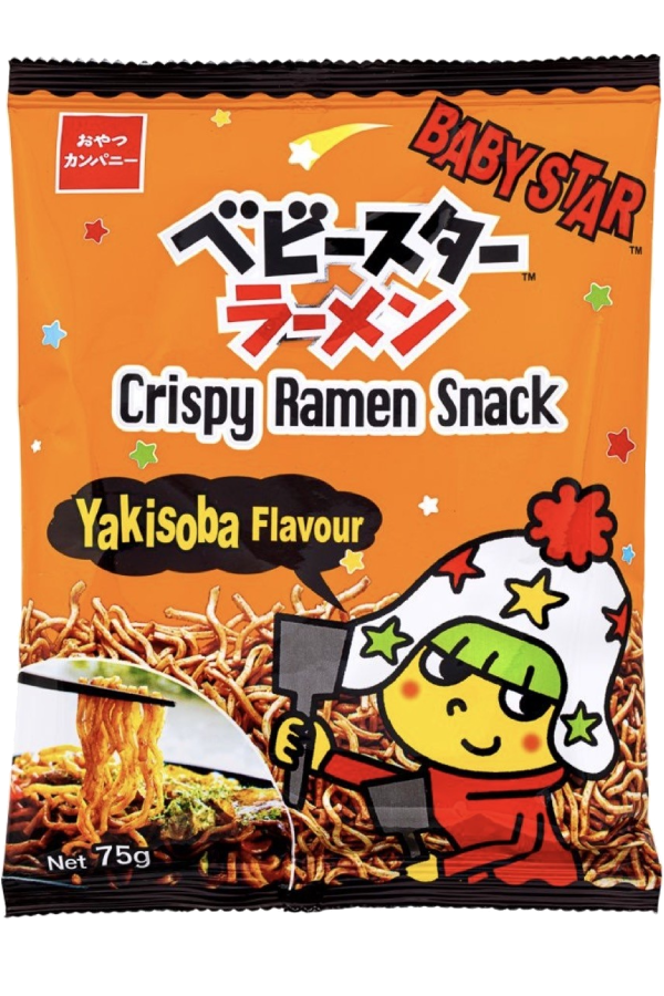 En 75g pose med Baby Star Crispy Ramen Snack Yakisoba fra Oyatsu Company.