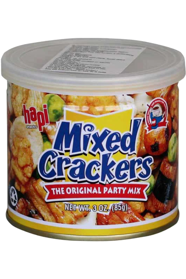 En 85g pose med Hapi Snacks Mixed Crackers, "The Original Party Mix".