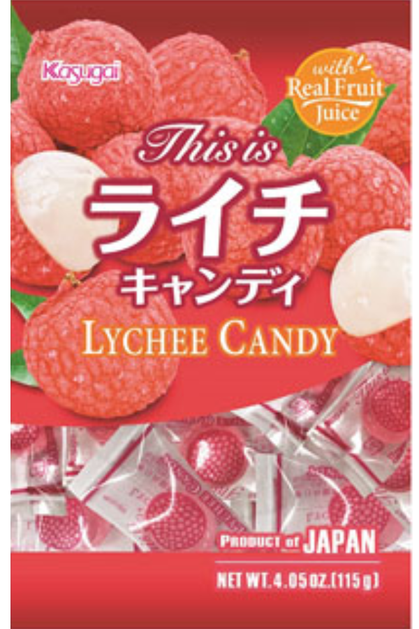 En 115g pose med Kasugai Litchi harde drops.