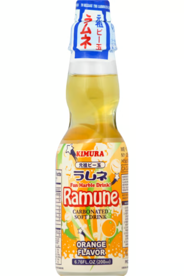 Kimura Ramune Appelsin 200ml flaske, en japansk brus med frisk appelsinsmak.