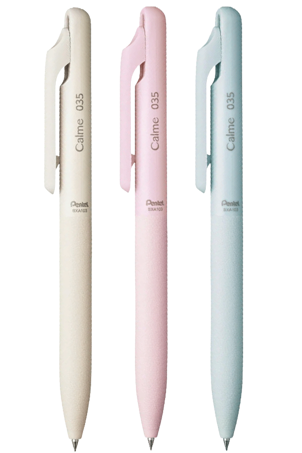 Utvalget av Pentel Calme 0.35mm penner i beige, rosa og lysblå.