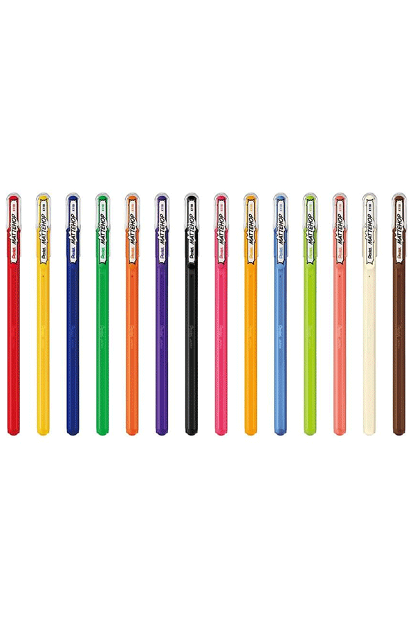 Det komplette settet med 14 Pentel Mattehop gelpenner, Original + Sweet Colors.