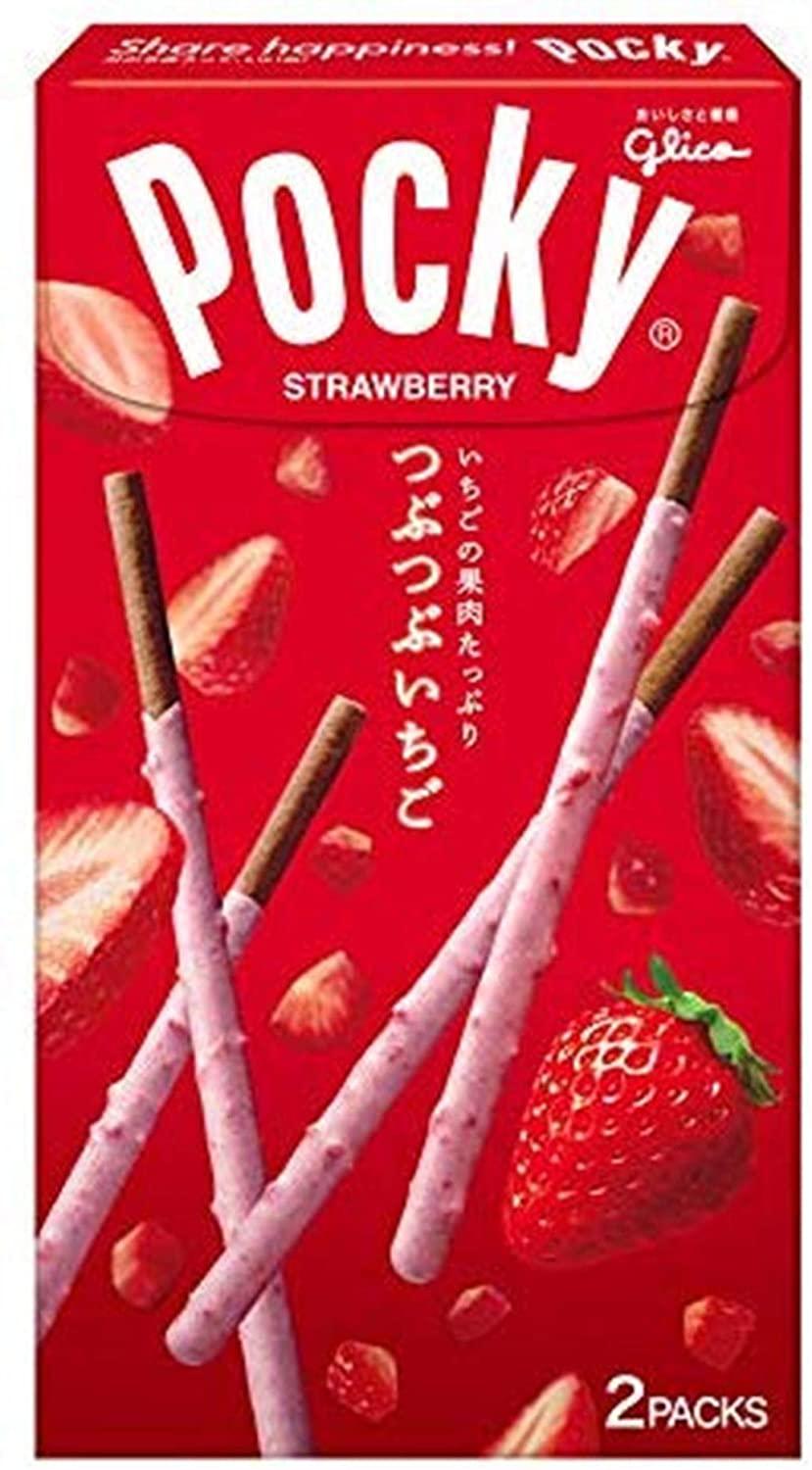 En eske med Glico Pocky Crunchy Strawberry.