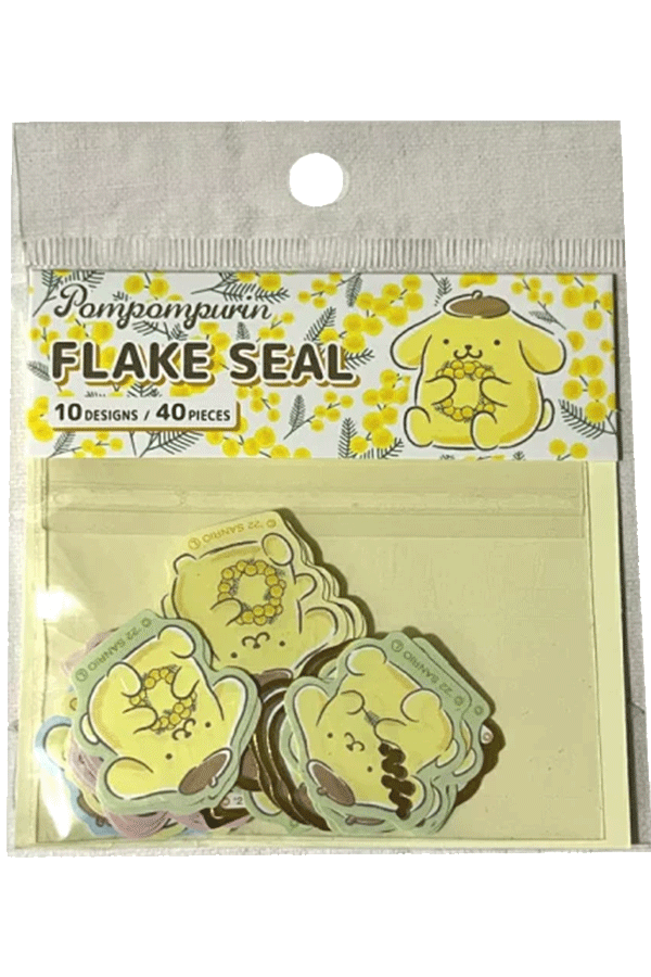 Pakke med Pompompurin Flake Seal klistremerker fra Sanrio Original, med 40 individuelle stickers.