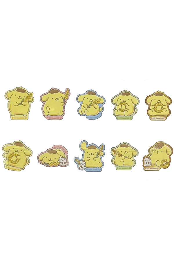 Et utvalg av de 10 forskjellige designene fra Pompompurin Flake Seal-pakken.