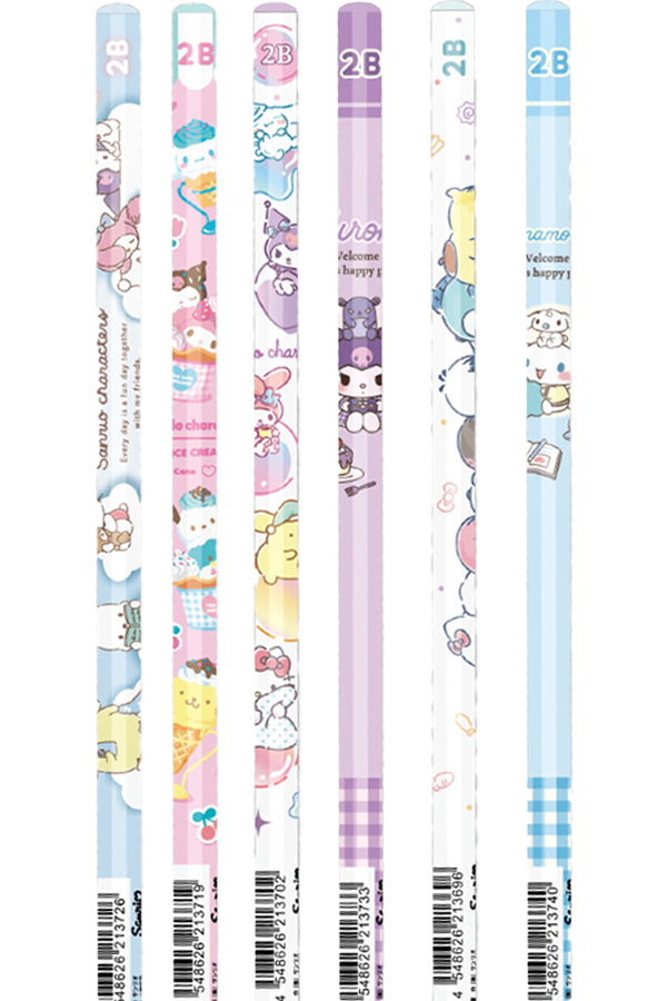 Et utvalg av de forskjellige Sanrio-blyantene med motiver som Hello Kitty og Kuromi