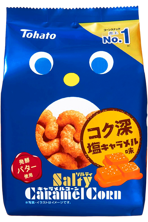 En 67g pose med Tohato Caramel Corn Salted, en japansk maissnacks.
