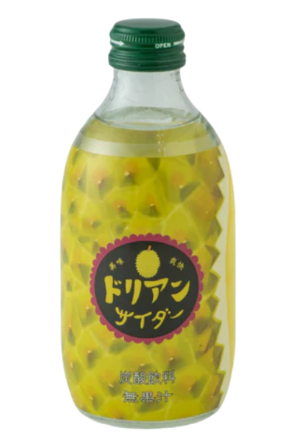 En 300ml glassflaske med Tomomasu Durian Cider.