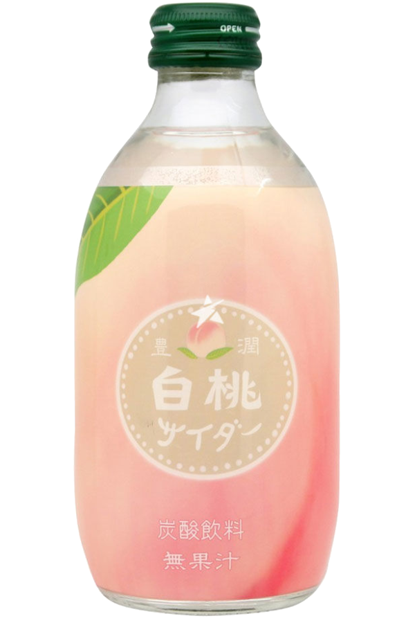 En 300ml glassflaske med Tomomasu White Peach Cider.